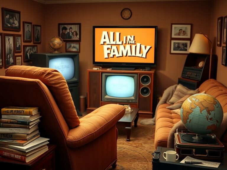 Flick International Vintage living room setting from the 1970s with a worn recliner and 'All in the Family' logo on television.
