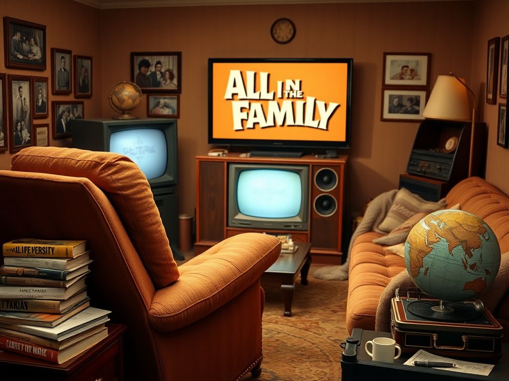 Flick International Vintage living room setting from the 1970s with a worn recliner and 'All in the Family' logo on television.