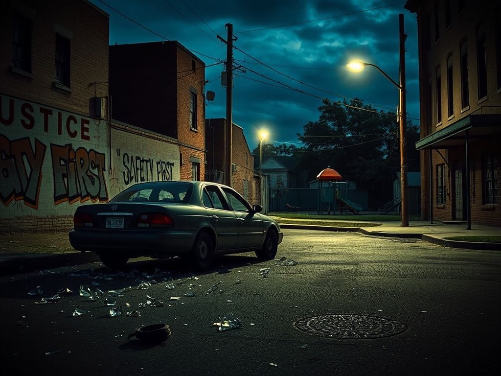 Flick International Dimly lit urban street in New Orleans with an abandoned car and broken glass, symbolizing recent crime.