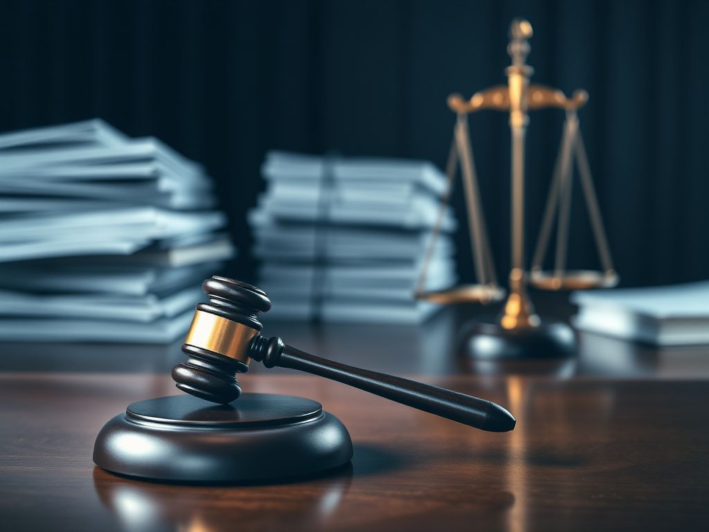 Flick International Dramatic courtroom scene with gavel and legal documents