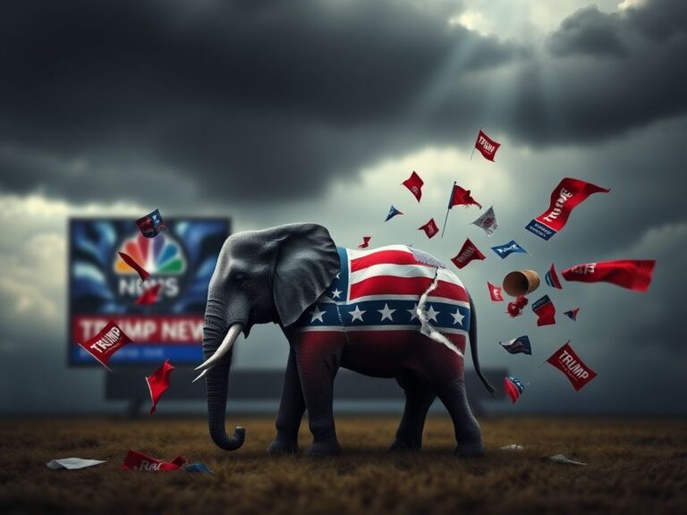 Flick International A torn Republican elephant with political banners drifting apart in a dramatic scene