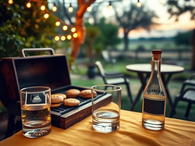 Flick International A tranquil backyard at dusk with a rustic grill and cheeseburgers, symbolizing family gatherings