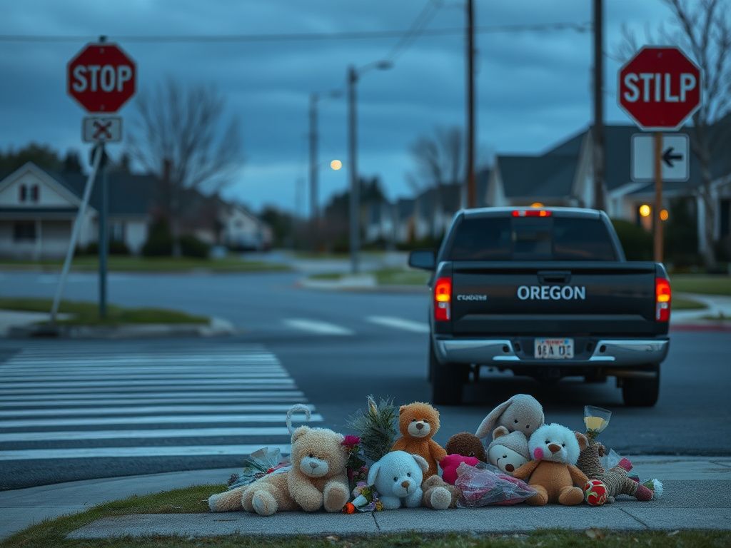 Flick International A makeshift memorial with stuffed animals and flowers at a quiet intersection where a tragic accident occurred