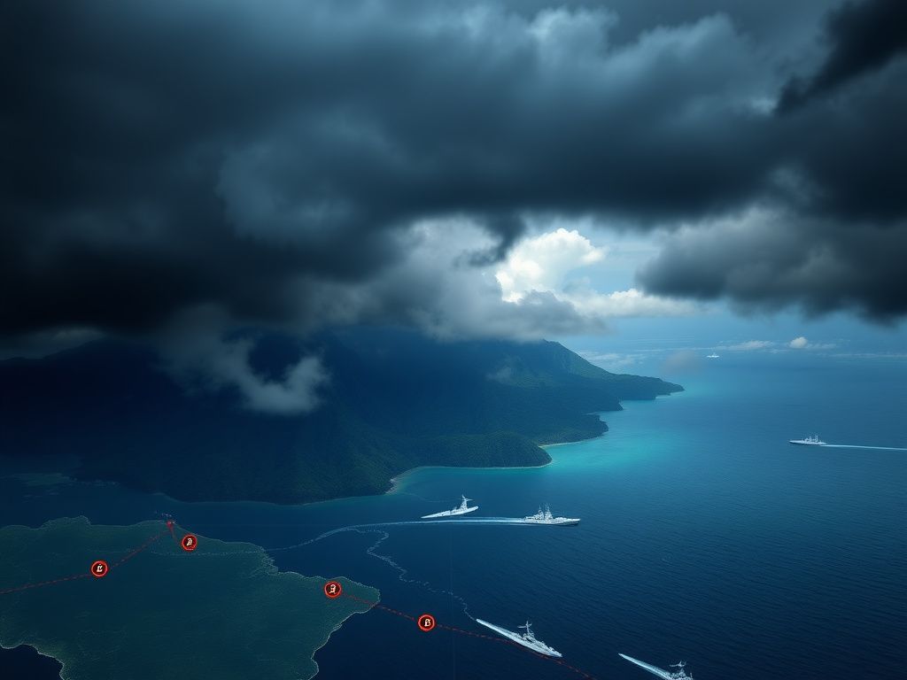 Flick International Aerial view of dark clouds over Venezuela with a digital flight map overlay
