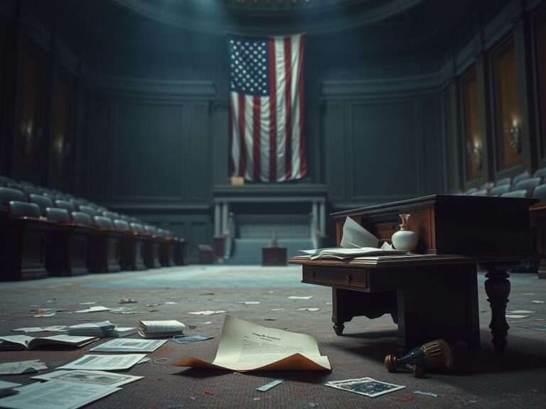 Flick International An empty Congressional chamber with a crumpled resignation letter and American flag, symbolizing political upheaval.
