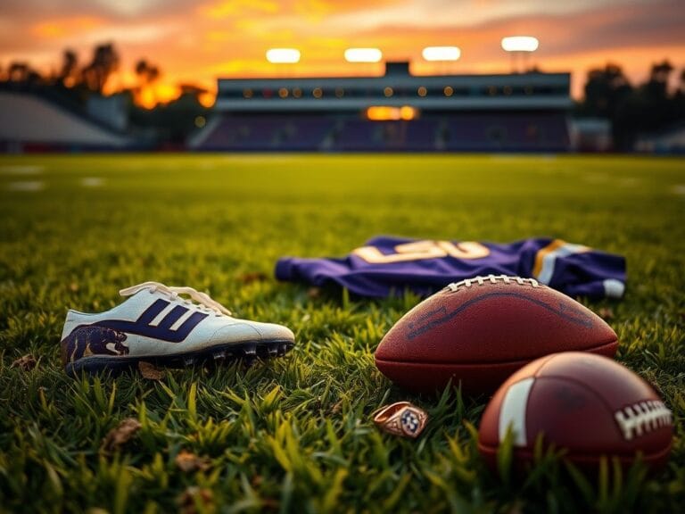 Flick International A serene football field at sunset with football cleats and LSU jersey