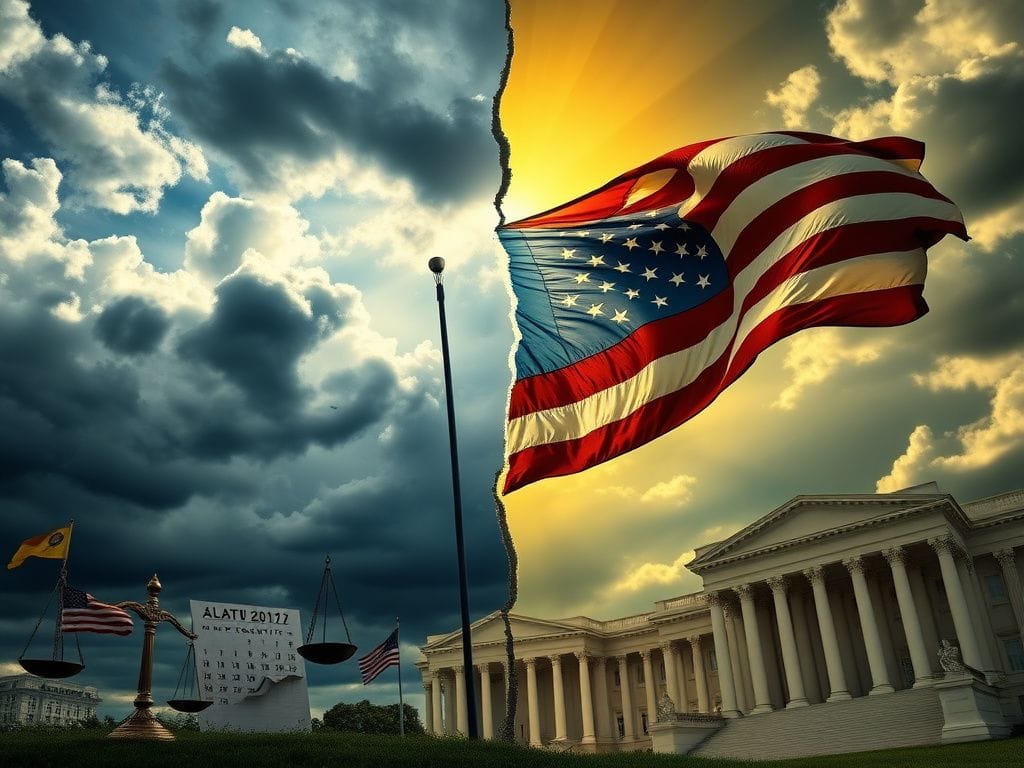 Flick International Dramatic split image illustrating the heated debate over the Affordable Care Act with contrasting stormy and sunny skies.