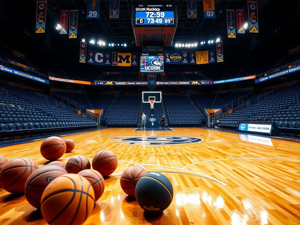 Flick International Vibrant basketball court with UConn and Michigan logos during a tense game