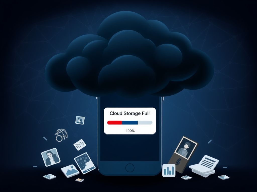 Flick International Dark cloud looming over a smartphone displaying a fake 'Cloud Storage Full' alert
