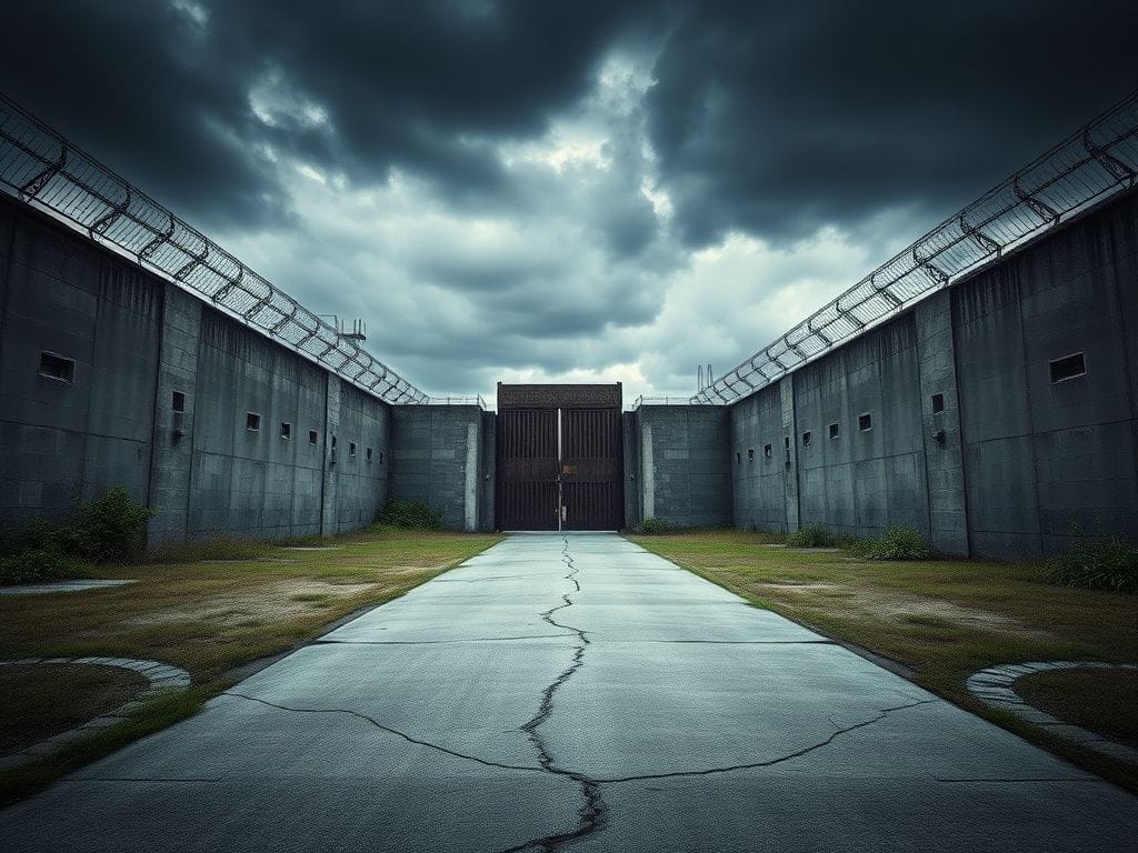 Flick International Exterior view of a high-security supermax prison under a cloudy sky