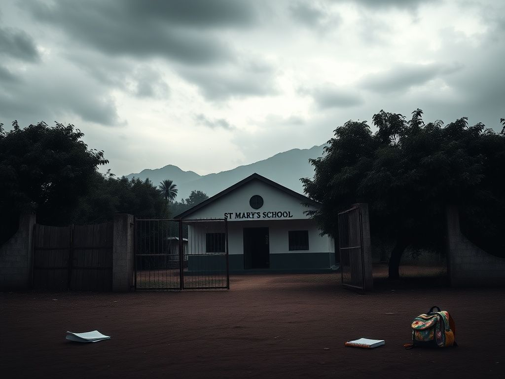 Flick International A Catholic school in Nigeria with an overcast sky, capturing the scene of a recent abduction of students.