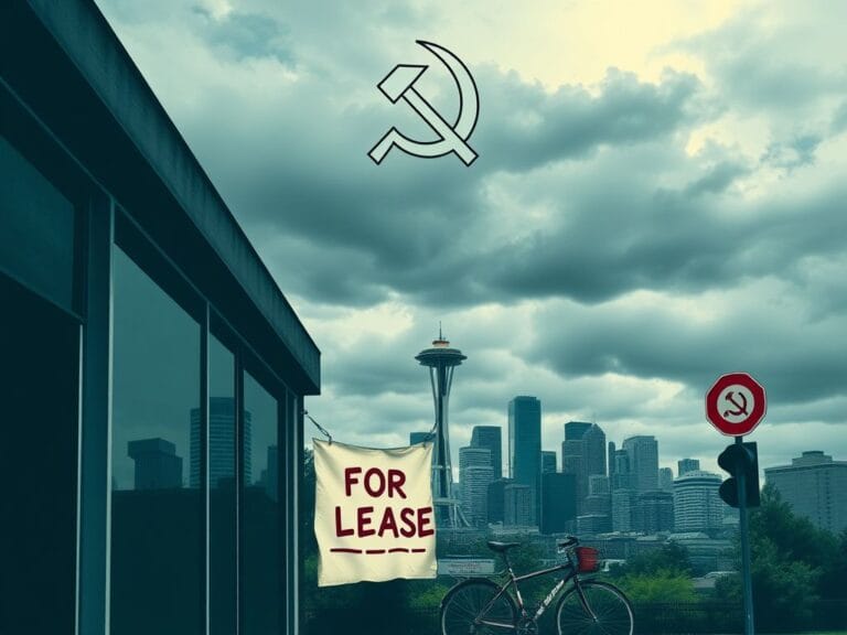 Flick International Seattle skyline shrouded in dark clouds with a 'For Lease' sign in the foreground