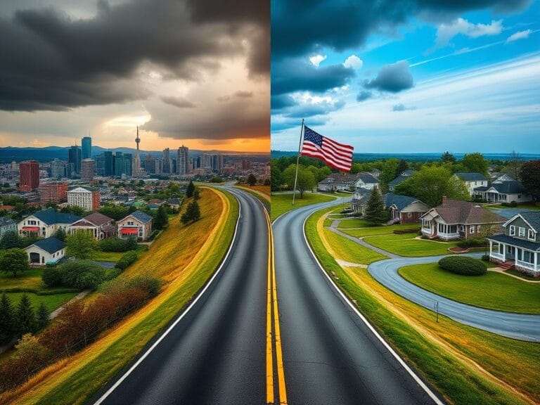 Flick International A divided landscape symbolizing the dangers of political extremism with a winding road connecting two contrasting environments.