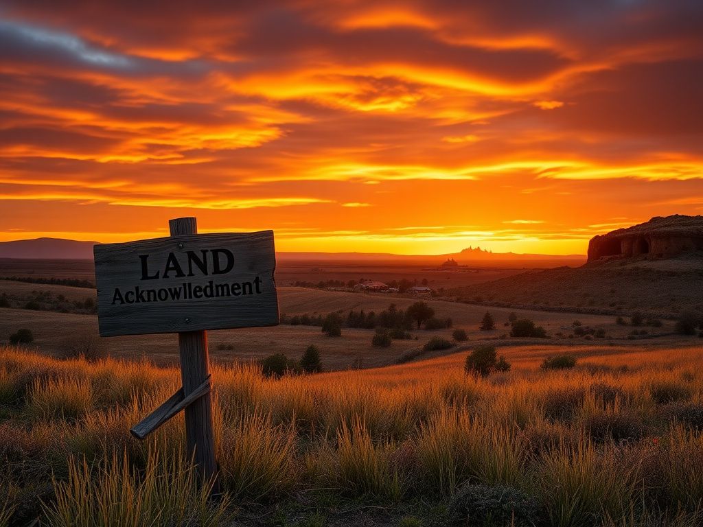 Flick International A dramatic landscape featuring a rugged terrain with a weathered wooden signpost labeled 'Land Acknowledgment' in the foreground.