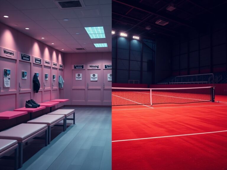 Flick International Split image contrasting a serene women's locker room with hints of tension against a chaotic sports environment