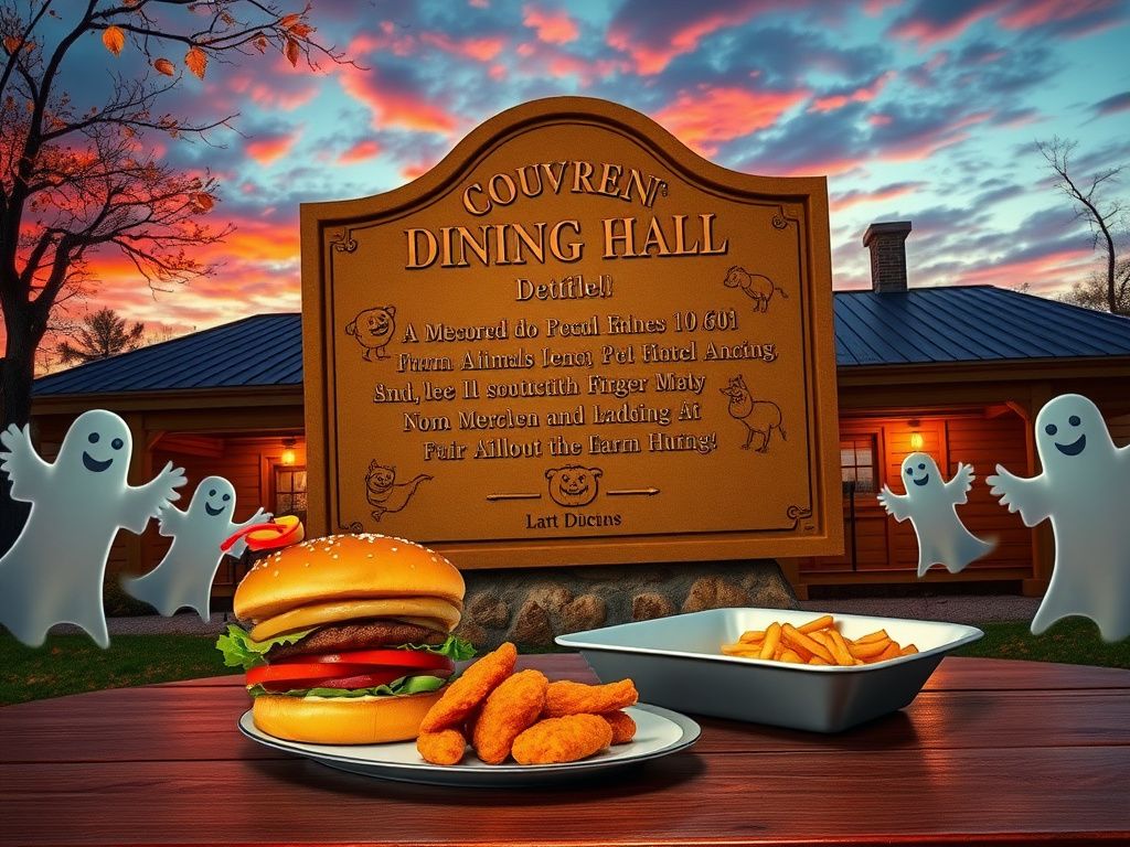 Flick International Comical plaque honoring farm animals outside a rustic dining hall