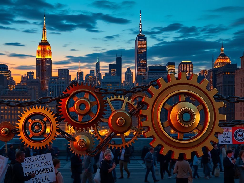 Flick International Bustling New York City skyline at twilight with iconic buildings and economic symbols