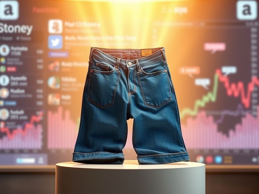 Flick International A stylish pair of blue jeans displayed on a pedestal under ambient lighting