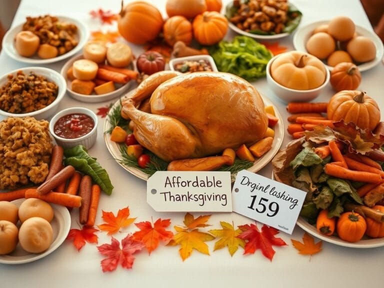 Flick International A beautifully set Thanksgiving dinner table featuring a golden-brown turkey and colorful side dishes