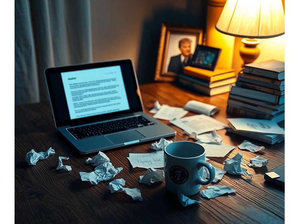 Flick International A textured wooden table with crumpled papers and an open laptop amidst a political discussion atmosphere