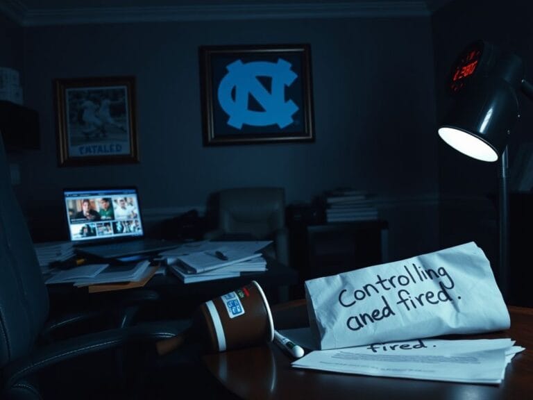 Flick International Tense atmosphere inside a football office with scattered notes and a framed UNC Tar Heels logo
