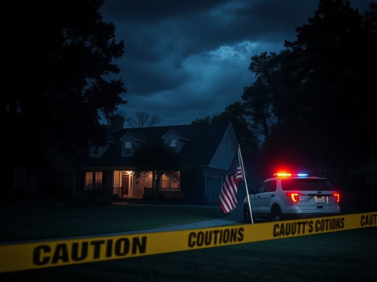 Flick International Somber suburban home with security features amidst police presence and dark storm clouds