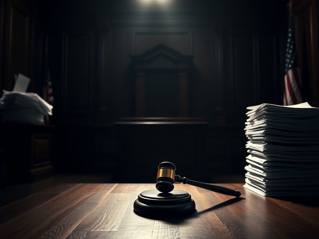 Flick International Dramatic empty courtroom with a solitary gavel and legal documents