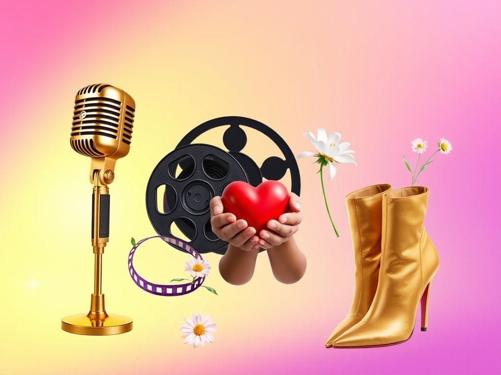 Flick International A vibrant collage representing celebrity culture with a vintage microphone, awards trophy, film reel, and high-heeled boots
