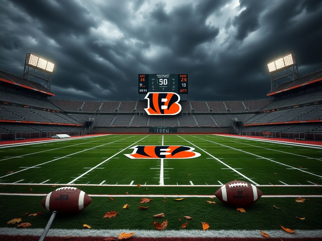 Flick International Dramatic scene of an empty Cincinnati Bengals football field with logo and dark clouds overhead