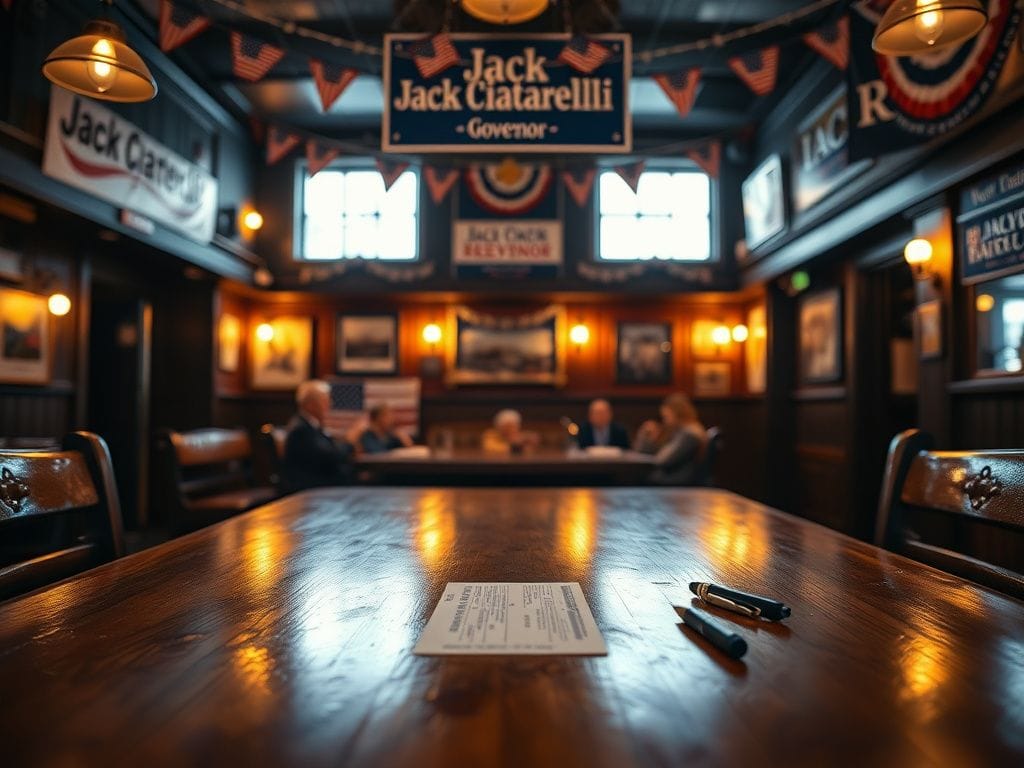 Flick International Empty polished wooden table with a ballot and pen in a warmly lit tavern