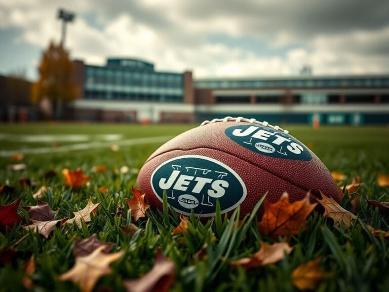 Flick International Close-up of a football on a grassy field covered with autumn leaves, representing the challenges faced by the New York Jets.