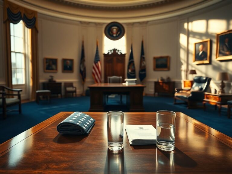 Flick International Dramatic scene of the Oval Office with polished desk and warm light