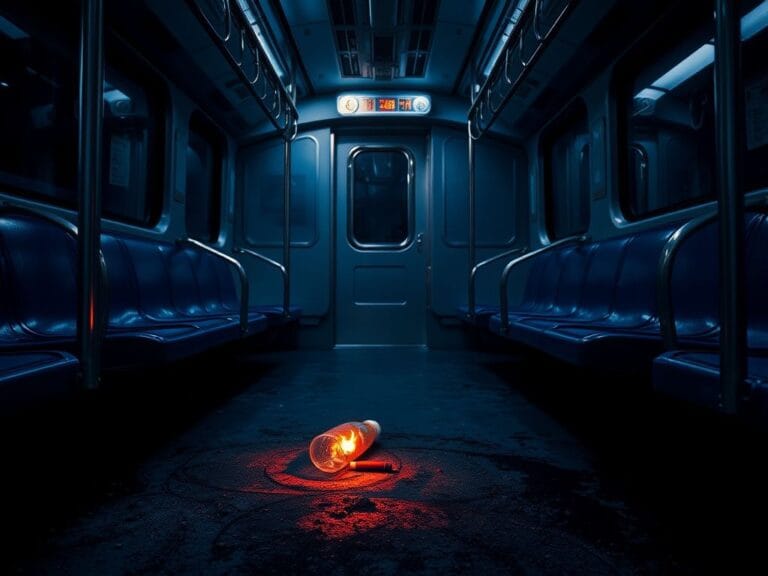 Flick International A dimly lit empty Chicago train car with charred floor remnants after a fire attack