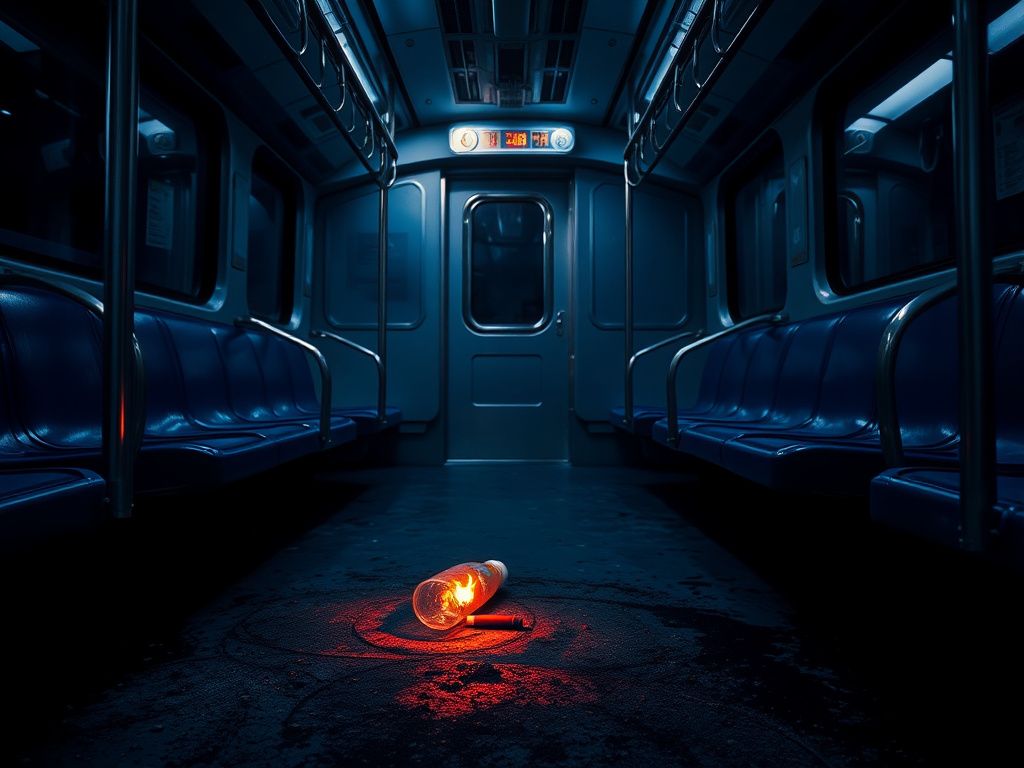 Flick International A dimly lit empty Chicago train car with charred floor remnants after a fire attack