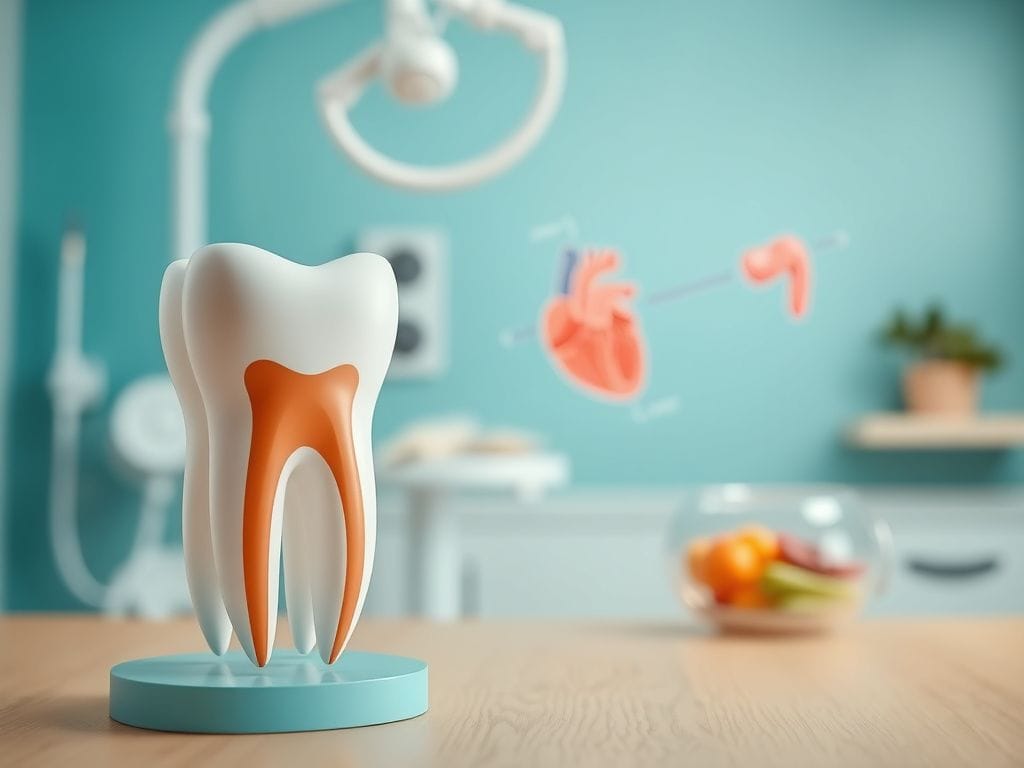 Flick International Close-up of a tooth model illustrating the roots and connection to overall health