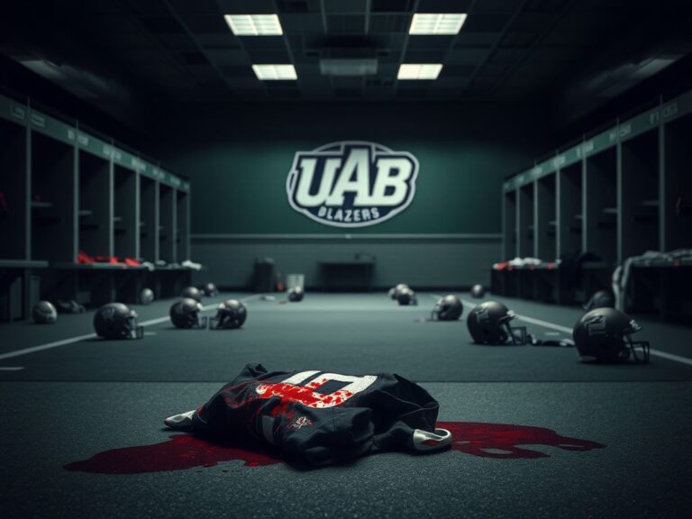 Flick International Bloodstained UAB football jersey on the floor in a dimly lit training facility