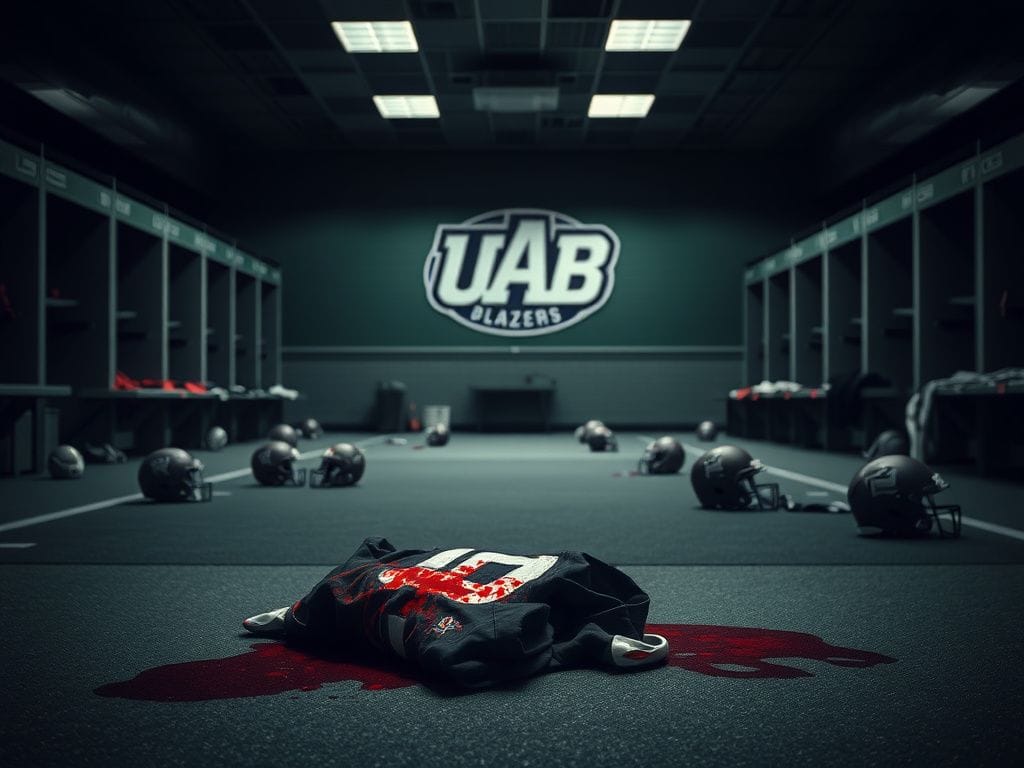 Flick International Bloodstained UAB football jersey on the floor in a dimly lit training facility