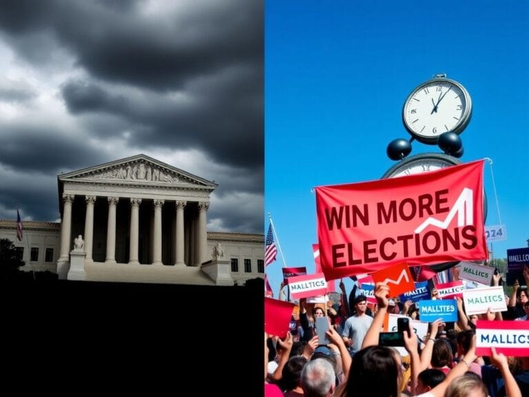 Flick International A split-screen image showing a traditional courthouse on the left and a vibrant campaign rally on the right.