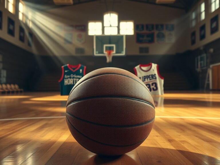 Flick International close-up of a well-used basketball on a polished court with vintage jerseys