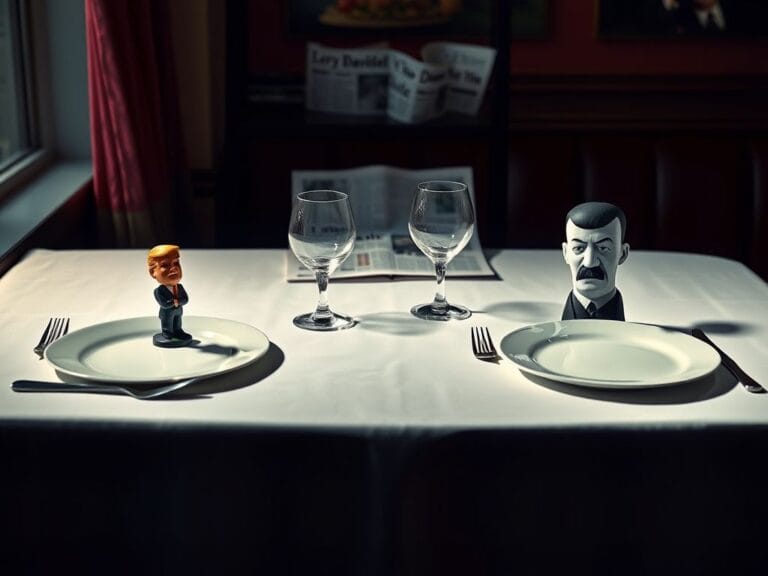 Flick International Dramatic restaurant table setting symbolizing political controversy