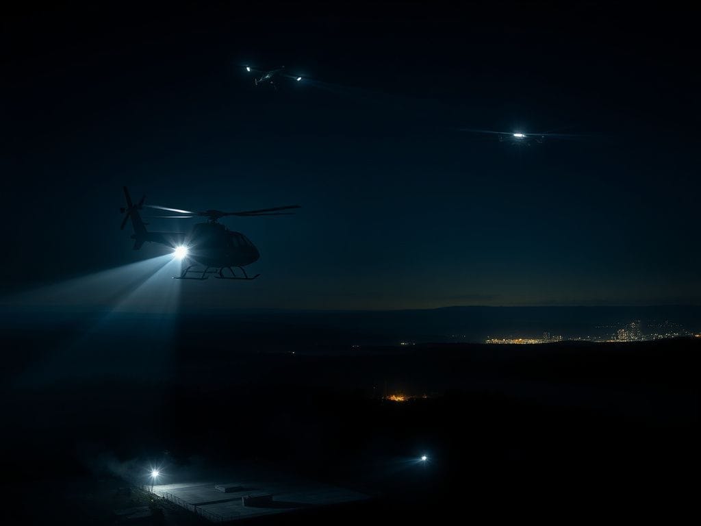 Flick International A National Police Air Service helicopter hovering over a military base at night, with UFO-like drones in the sky