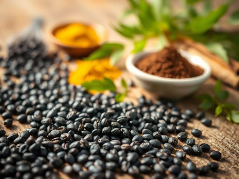 Flick International Close-up view of black cumin seeds and powder on a wooden surface with green plant