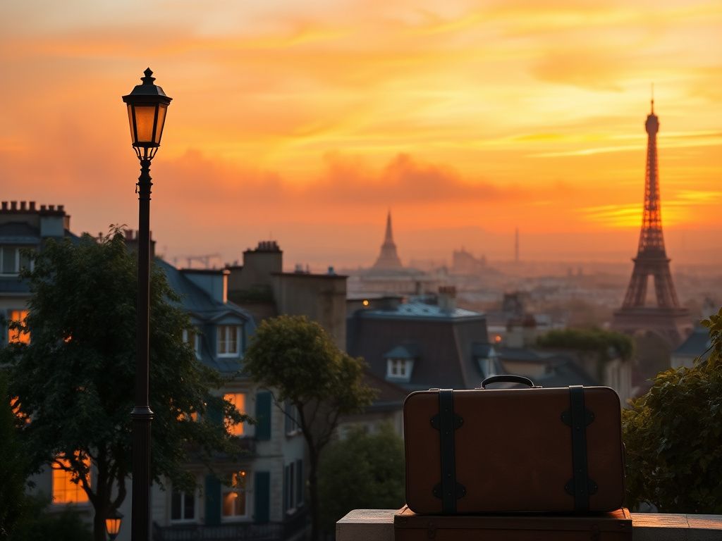 Flick International A serene Parisian landscape at sunset with iconic landmarks and cozy architecture