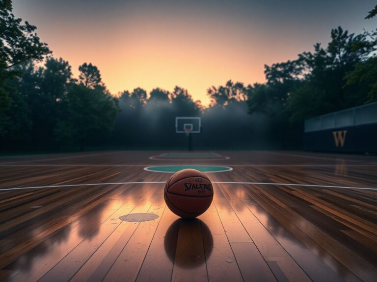 Flick International Serene basketball court at sunrise with a single basketball symbolizing Rodney Rogers' legacy