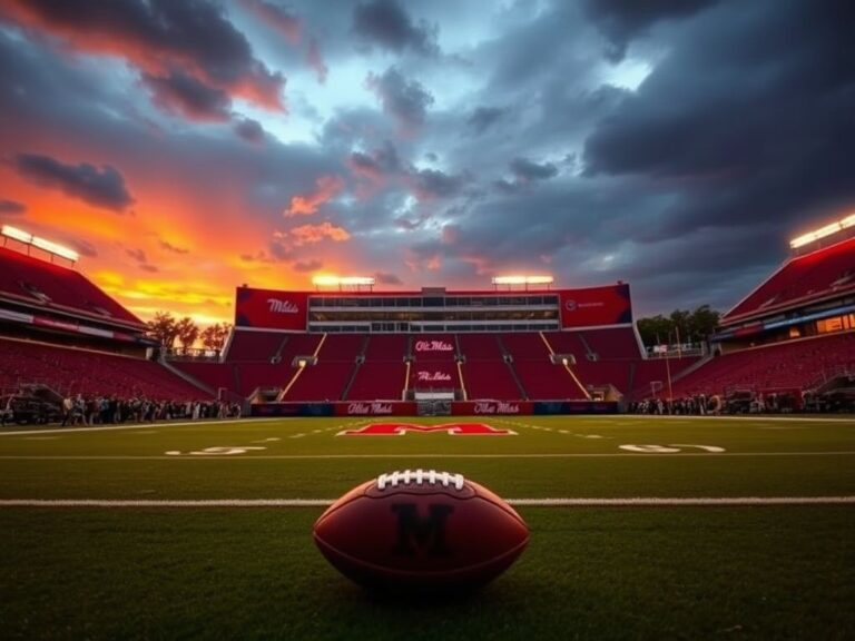 Flick International Dramatic sunset over the Ole Miss football stadium with a football at center field