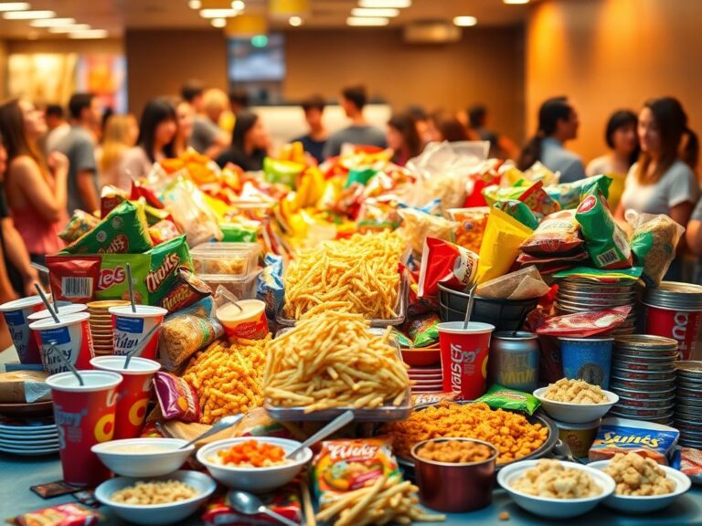 Flick International Overflowing buffet table featuring a variety of ultra-processed foods targeted at young adults