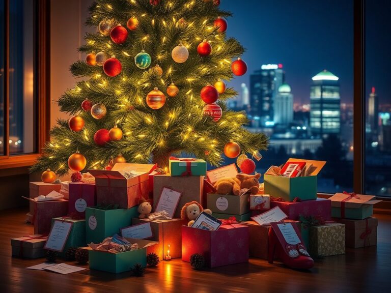 Flick International A beautifully decorated Christmas tree with colorful ornaments and twinkling lights, surrounded by shoebox gifts symbolizing generosity.