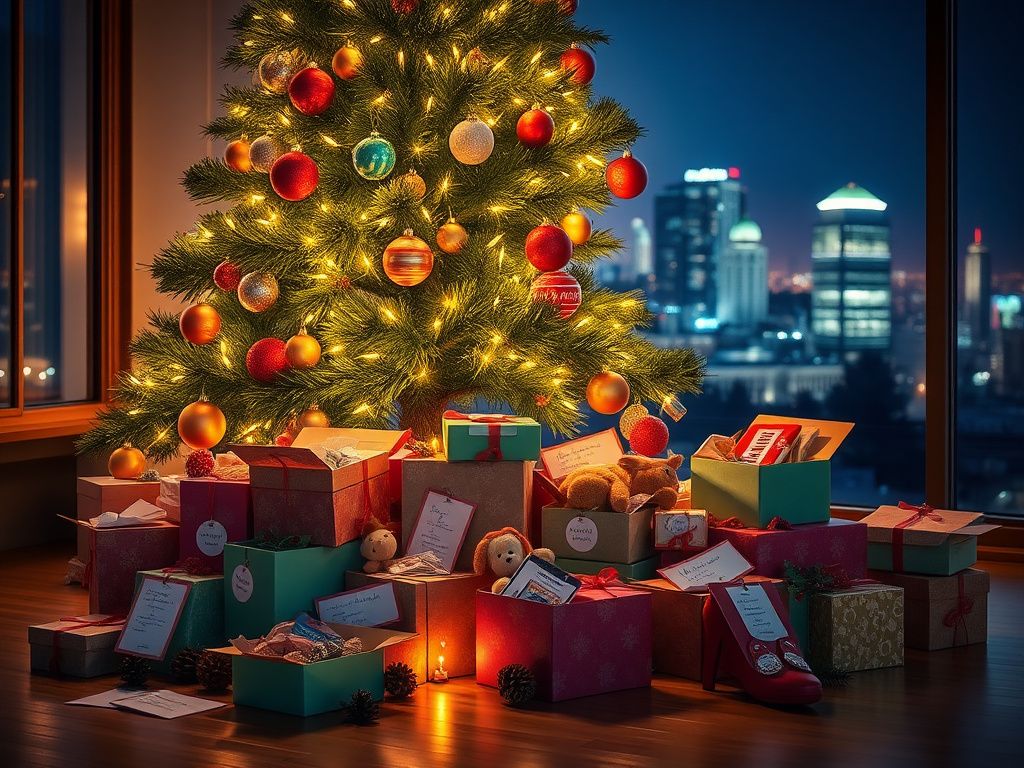 Flick International A beautifully decorated Christmas tree with colorful ornaments and twinkling lights, surrounded by shoebox gifts symbolizing generosity.