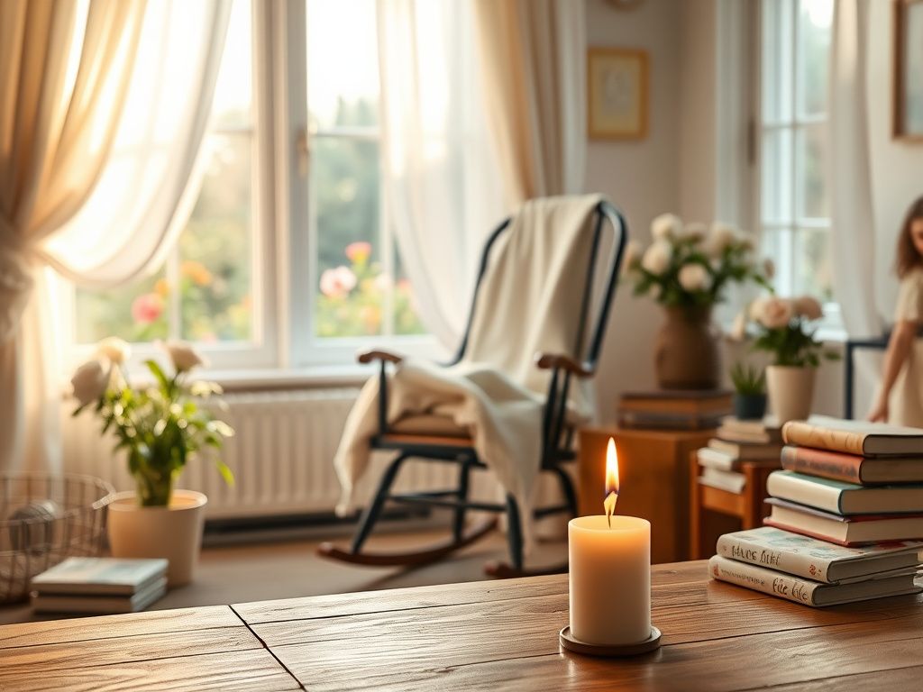 Flick International A serene room symbolizing motherhood and legacy with a vintage rocking chair and a baby blanket