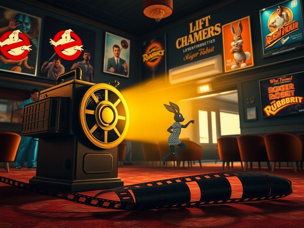 Flick International A nostalgic cinema scene with a vintage projector and film reel